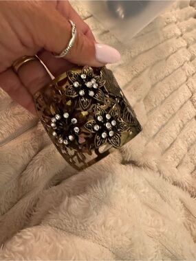 Embellished Floral Cuff Bracelet - Antique Gold with Rhinestones